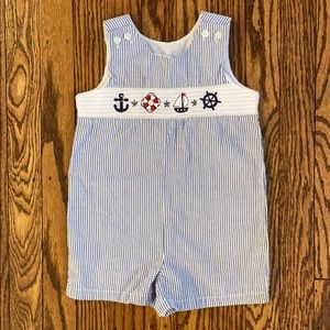 Navy Seersucker Smocked Jon Jon Romper Overalls
